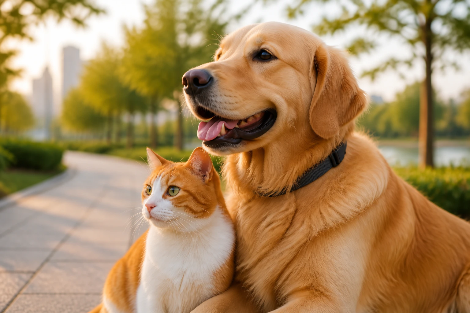Parkta kedi ve köpek; temsili yaşam görseli